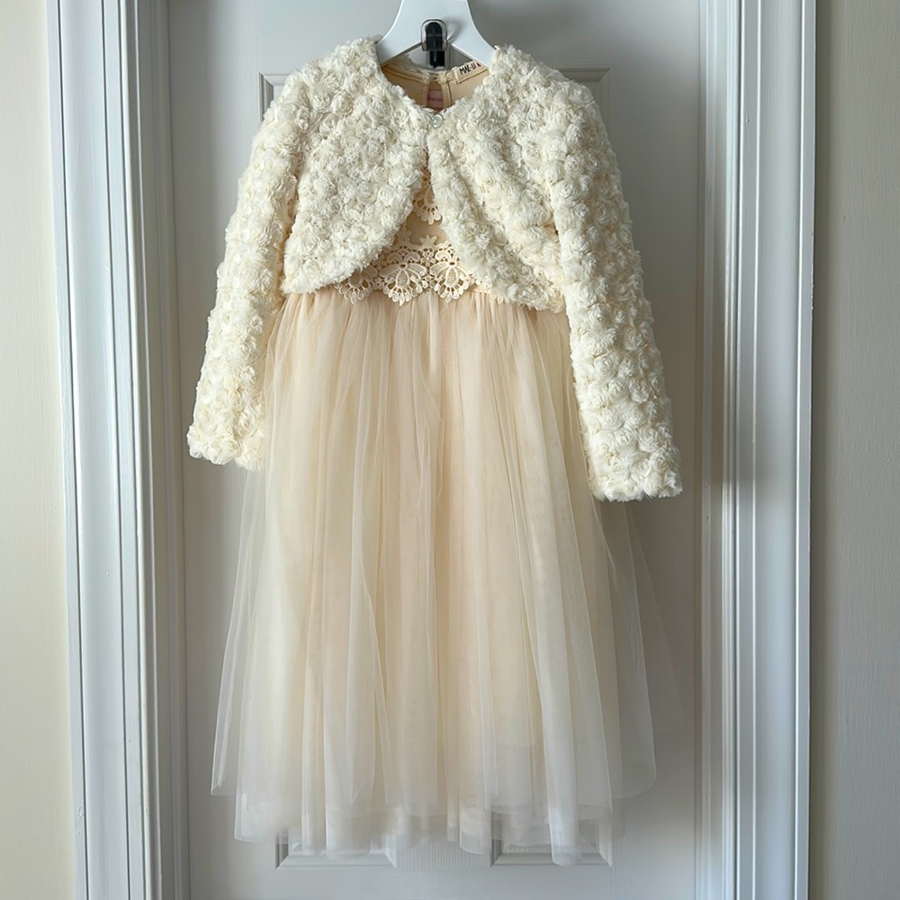 BHLDN Mae Li Rose Flower Girl Dress + Bonnie Jean Faux Fur Shrug, Cream